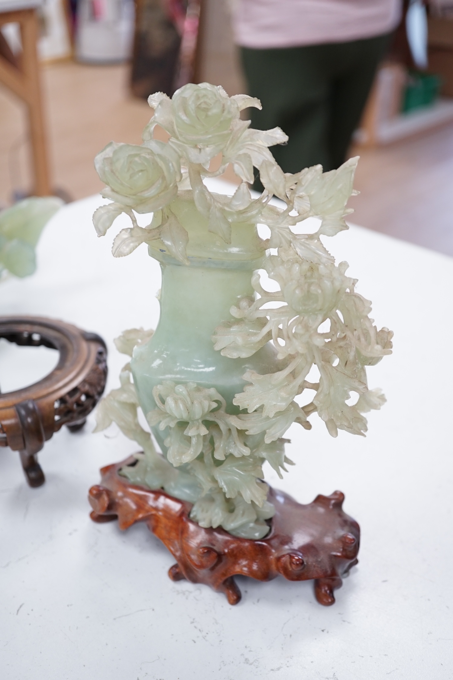 Five large Chinese hardstone and soapstone covered vases and censers and other carvings, largest 32cm. Condition - fair to good